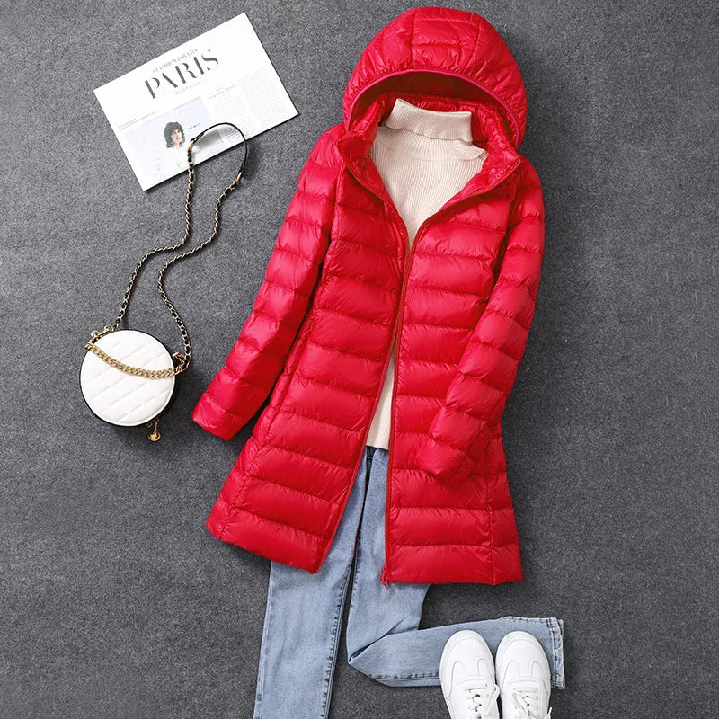 Women's X-long Office Lady Hat Detachable Puffer Jackets 2025 New Arrival Autumn Winter White Duck Down Warm Coat