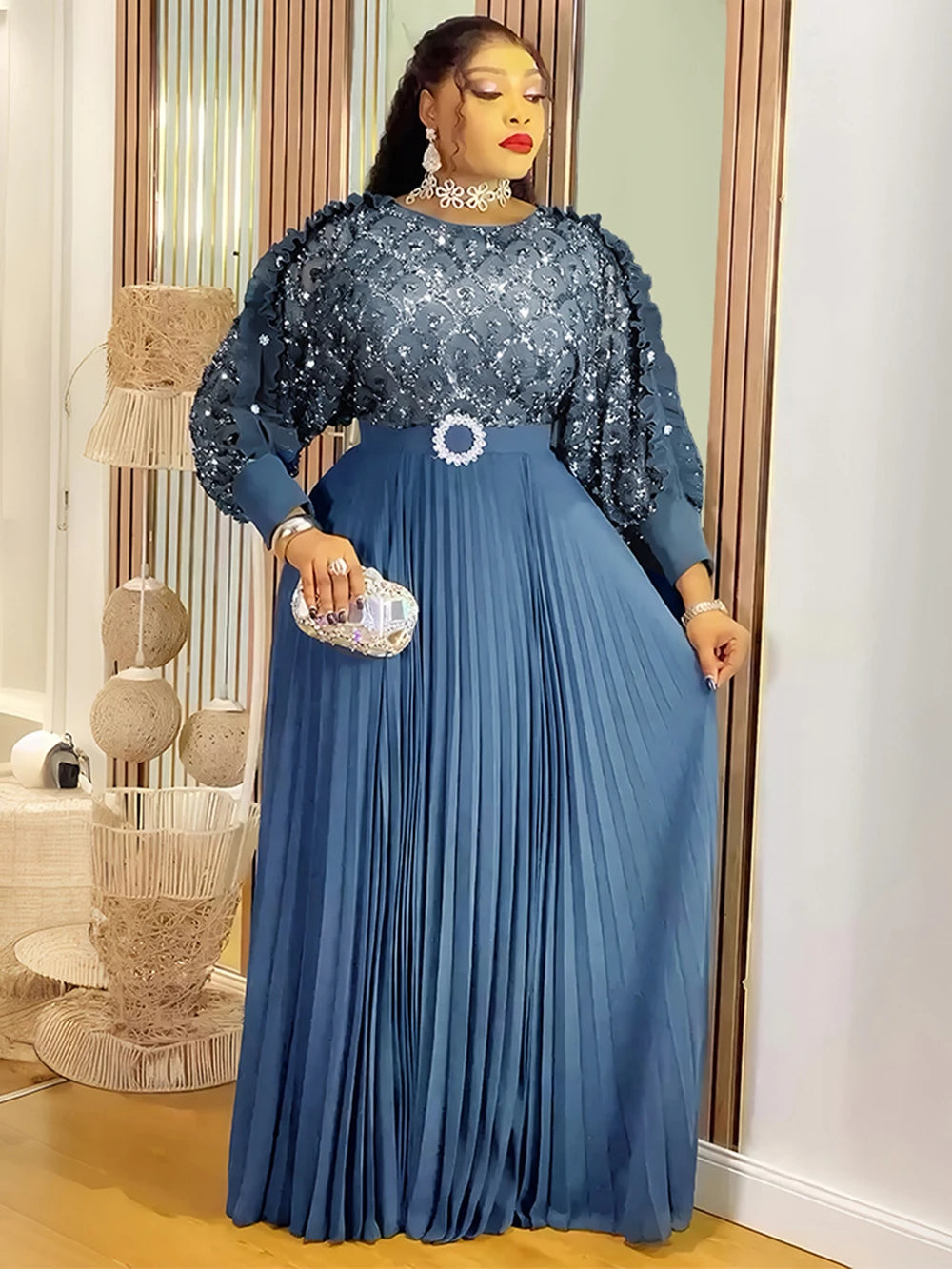 Wedding Party Prom Dress Dubai African Women Luxury Sequin Pleated Long Dress Ankara Dashiki Turkey Clothes Formal Occasion Gown