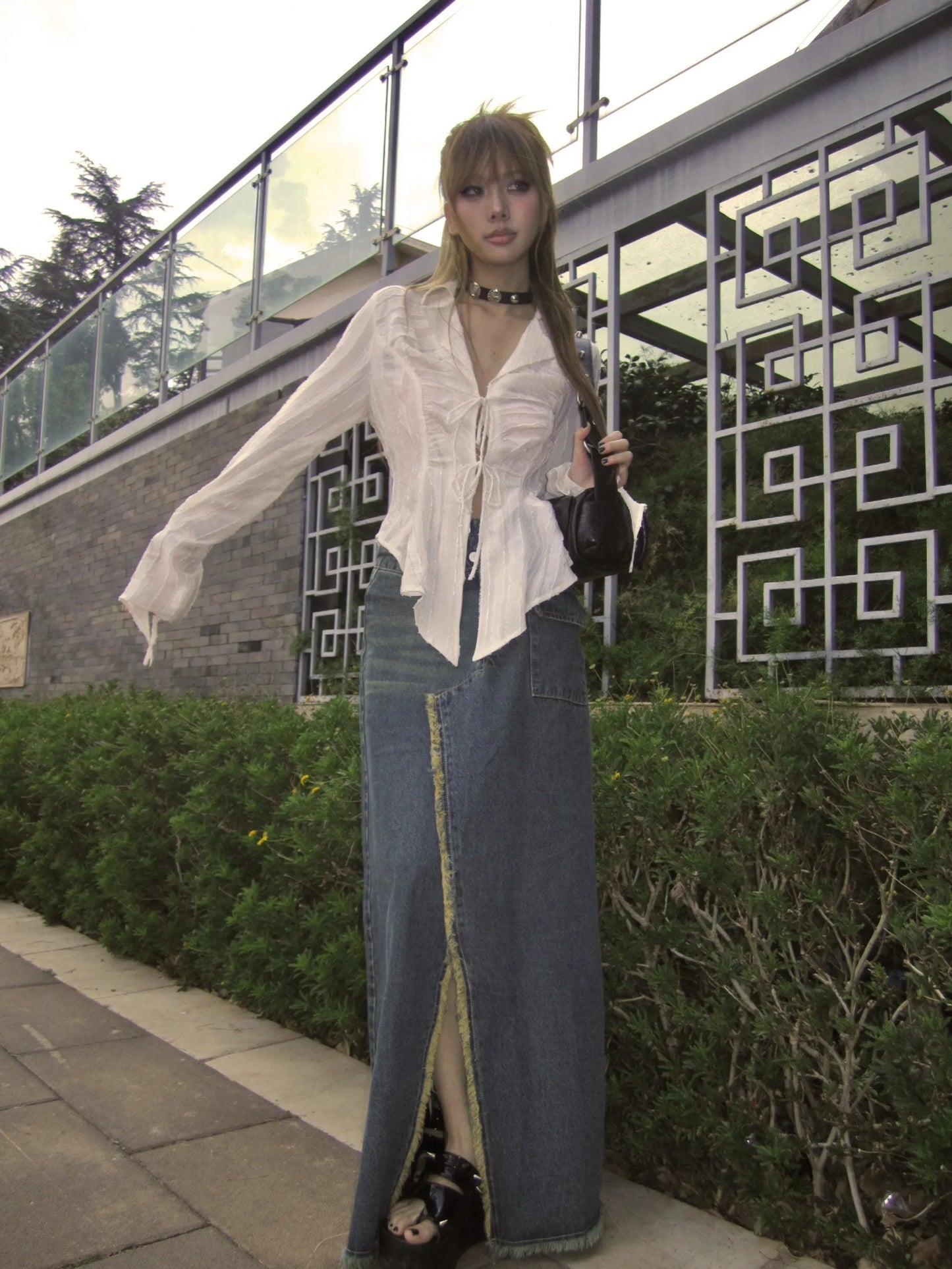 Karrram Y2k Aesthetics Pleated Shirt Fairycore Lace Up Blouse Trashy 2000s Style V-neck Shirt Irregular Japanese Harajuku 90s