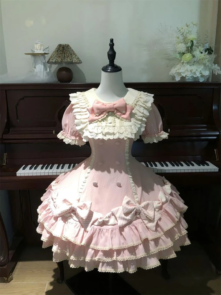 Japanese Sweet Lolita Kawaii Short Dress Women Pink Princess Y2k Bow Ruches Slim Dresses Female Korea Style Design Chic Outfits