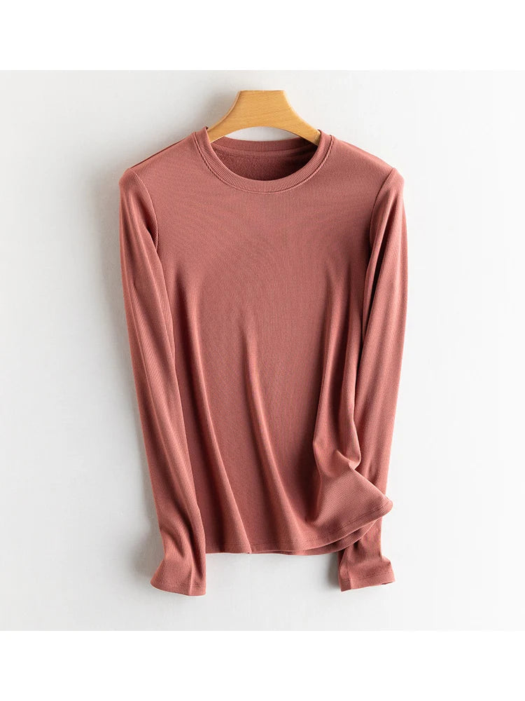 SuyaDream, Women Bottoming T Shirt, Silk Viscose Blend, Long Sleeves, Solid Basic Thermal  Shirt, 2024 Autumn Winter Top
