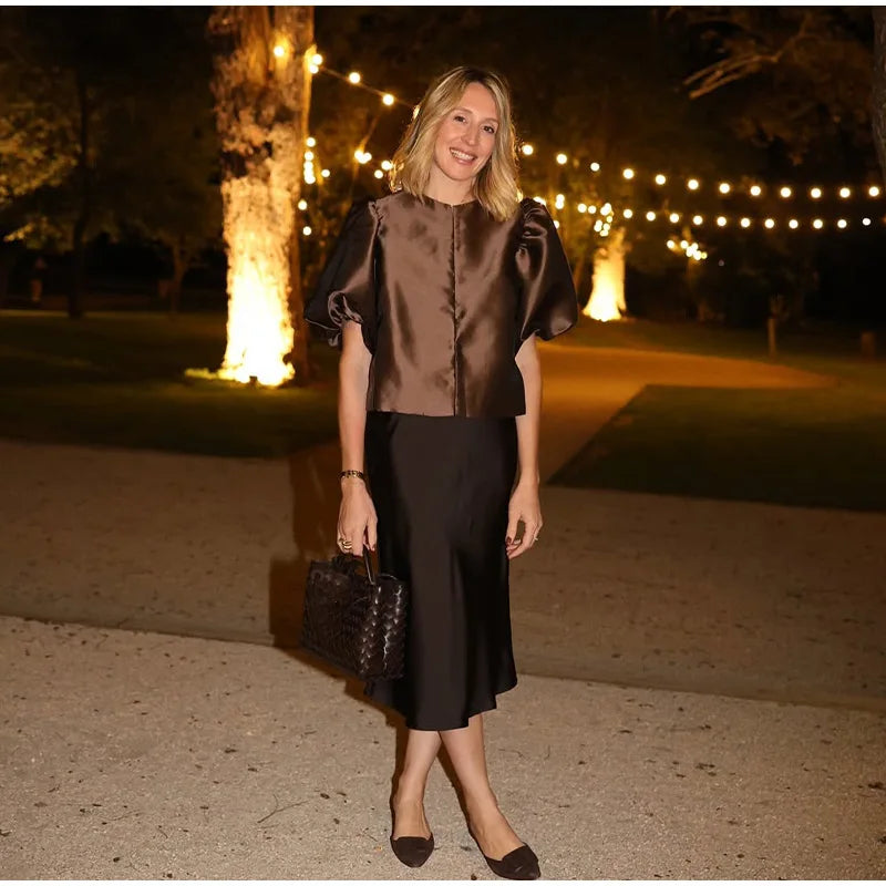 Spring Summer New Women's Fashion Casual Shirt Satin Bubble Sleeves Round Neck Loose Short Top Female Elegant Solid Blouses