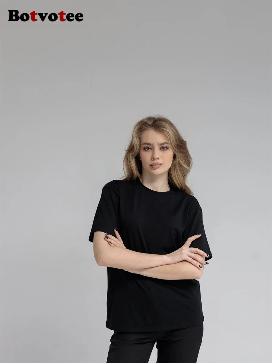 Botvotee 21 Colors Ins Fashion Summer Oversized Basic Soild T Shirts for Women 100% Cotton White Black Pink T-shirt Casual Tops