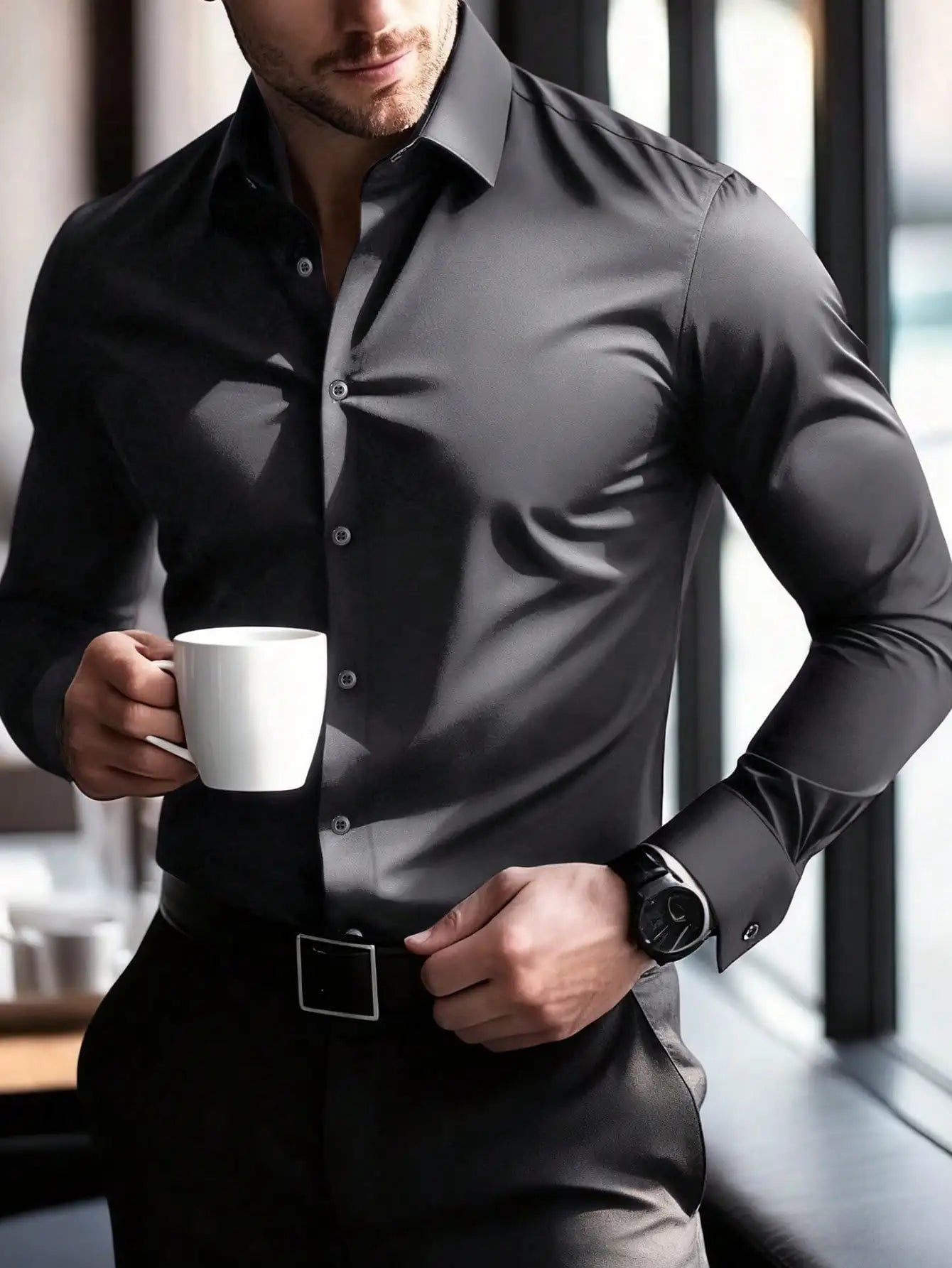 Men's Bright Pink Long Sleeve Slim Fit Casual Business Shirt