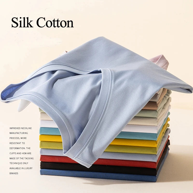 6% Real Silk Cotton Modal Women's T-shirt 2026 Summer Tees Short Sleeve Solid Tee Shirts V-neck Casual Woman Basic T shirt Tops