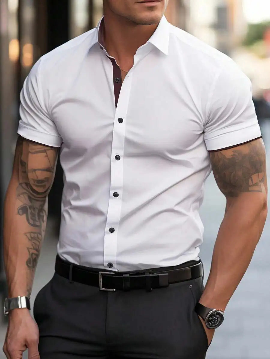 Men's White Short Sleeve Casual Shirt with Black Trim Collar and Cuffs