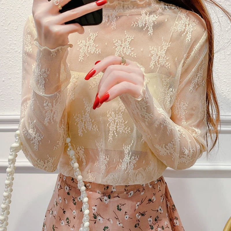 Sexy Women Mesh T-Shirts Transparent Lace Blouse Long Sleeve See Through Tops For Women O Neck Sheer Tees Body Crop Top