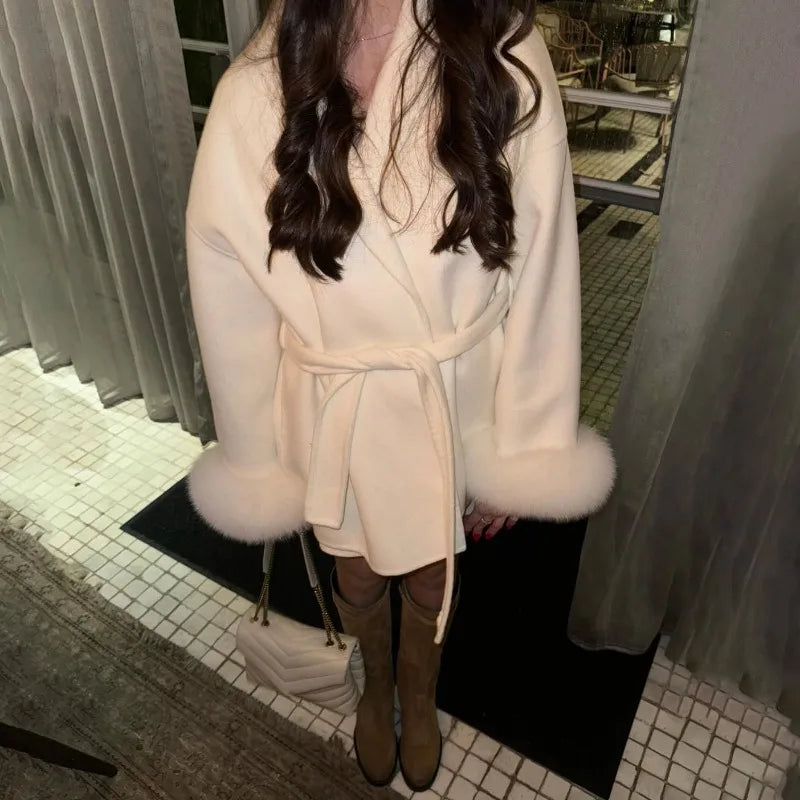 TARUXY Fox Fur Woolen Coats Women's Short Coat Office Lady Removable Elegant Double-sided Wool Overcoat 2025 New Cardigan Jacket