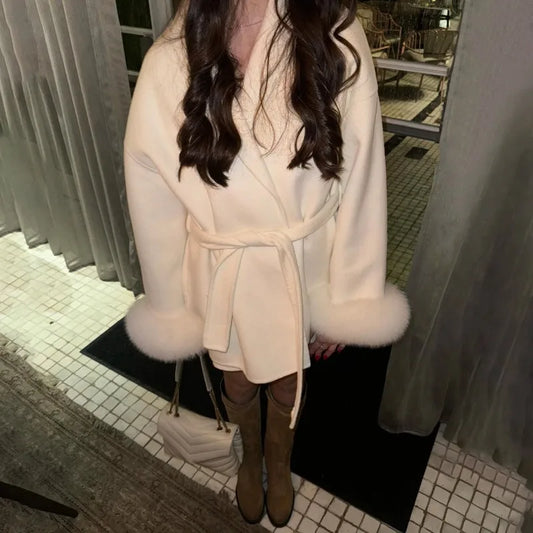 TARUXY Fox Fur Woolen Coats Women's Short Coat Office Lady Removable Elegant Double-sided Wool Overcoat 2025 New Cardigan Jacket