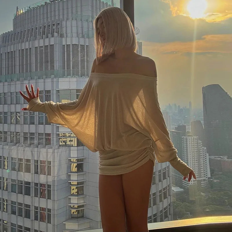 Cryptographic Fashion Off Shoulder Sheer Mini Dress Outfits for Women Hot Sexy Long Sleeve Ruched Party Dresses Bodycon Solid