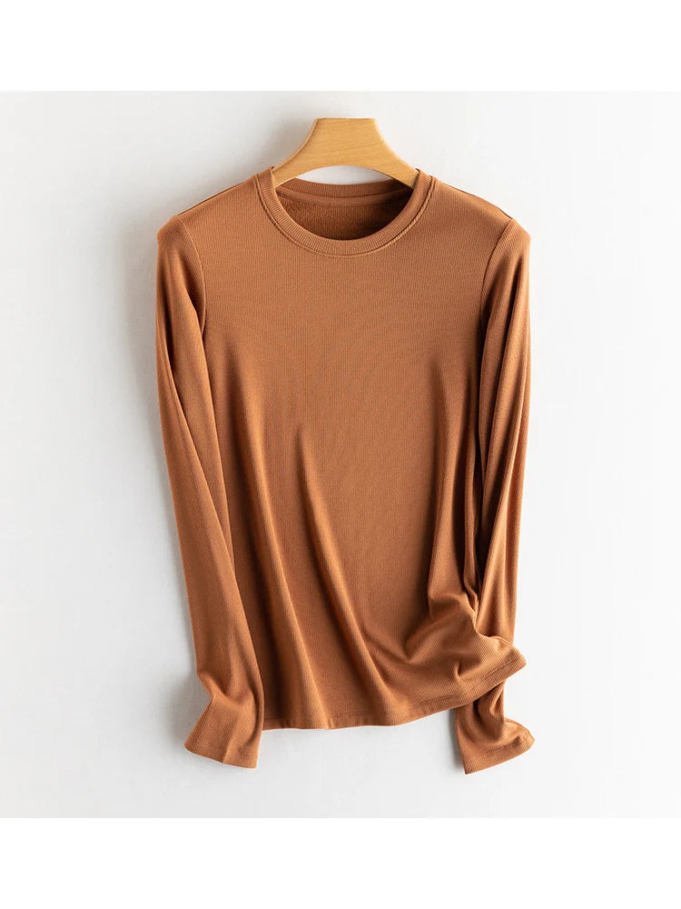 SuyaDream, Women Bottoming T Shirt, Silk Viscose Blend, Long Sleeves, Solid Basic Thermal  Shirt, 2024 Autumn Winter Top
