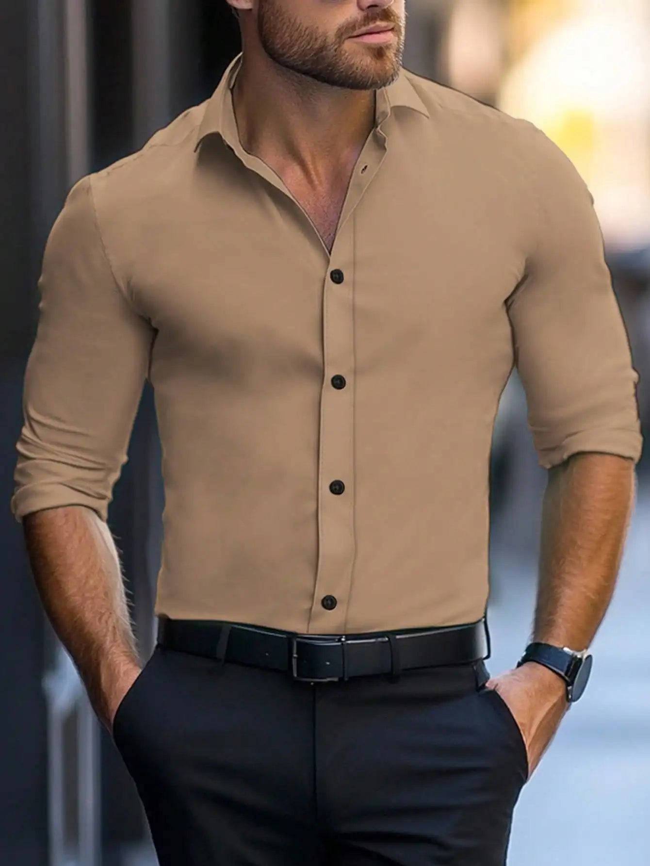 Men's Slim Fit Solid White Long Sleeve Button-Up Shirt for Business Casual Wear