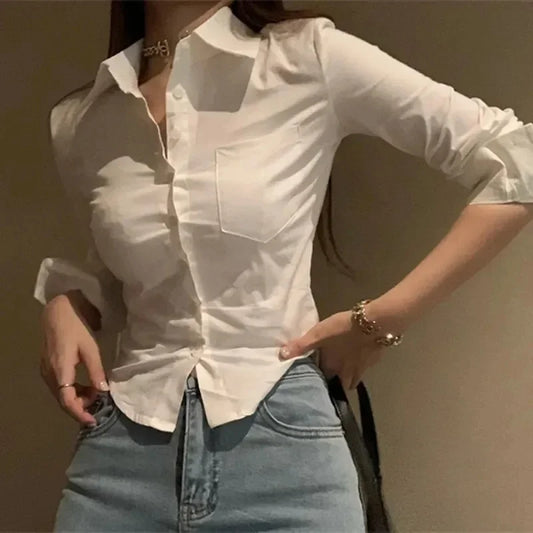 2025 Spring Commuter Long Sleeve New Female Crop Tops Korean White Office Women Chiffon Shirt Pocket Button Lapel Ladies Blouse