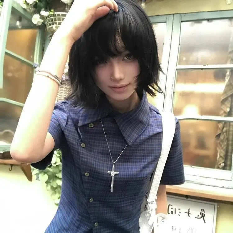 Genayooa Vintage Plaid Casual Shirt Women Short Sleeve Y2k Tops Japanese 2000s Summer Shirt Irregular American Retro 90s Tshirts