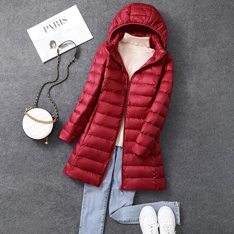Women's X-long Office Lady Hat Detachable Puffer Jackets 2025 New Arrival Autumn Winter White Duck Down Warm Coat