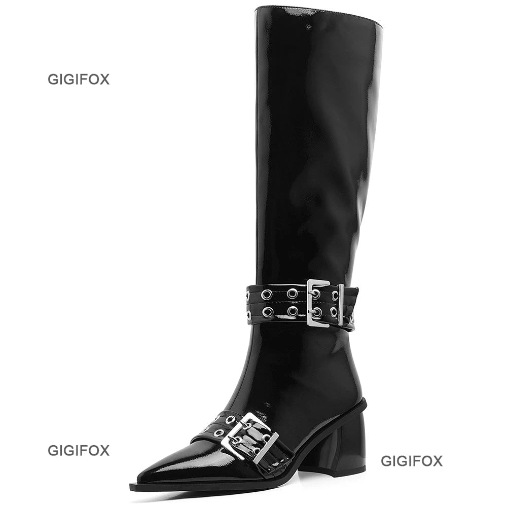 GIGIFOX Pointed Toe Women Zipper Knee-high Boots Chunky High Heel Patent Leather Metal Buckle Shoes Punk Fashion Boots For Woman