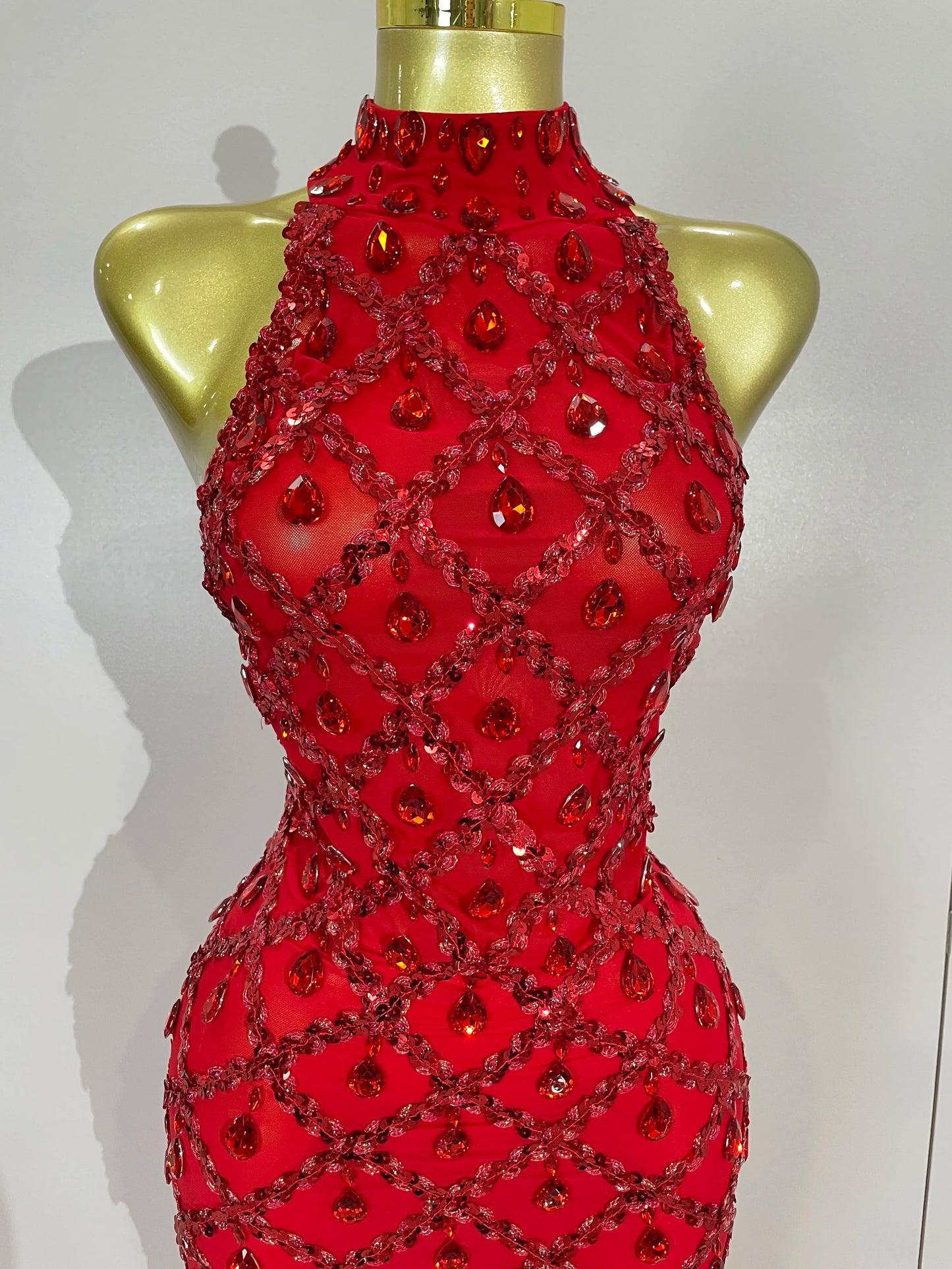 Luxury Sparkly Red Rhinestones Feather Sexy Mesh See Through Long Dress Women Birthday Evening Nightclub DJ Dancer Stage Costume