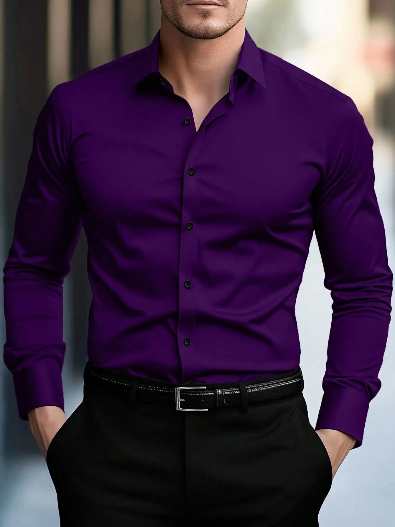Men's Slim Fit Solid White Long Sleeve Button-Up Shirt for Business Casual Wear
