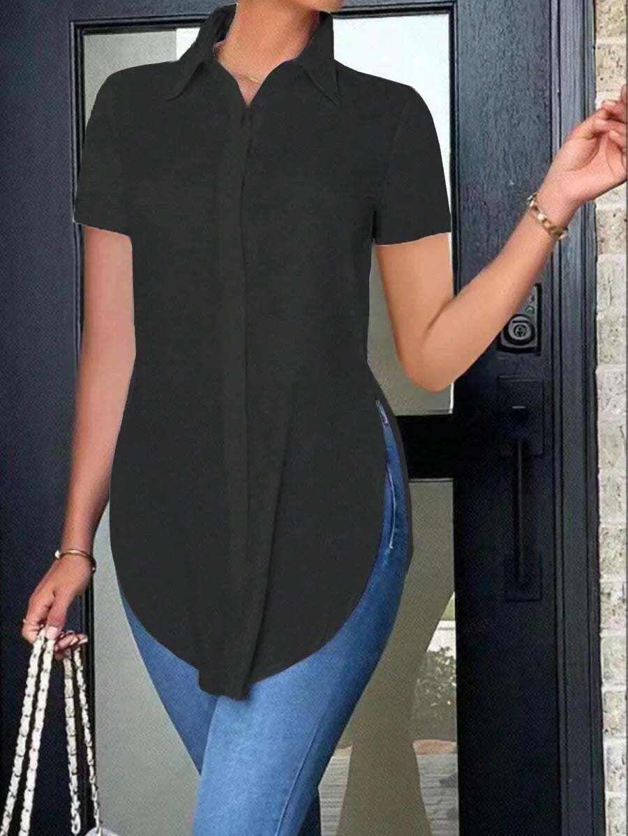 2024 Solid Button Front Shirt Casual Turn Down Collar Office Work Shirt Women's Clothing
