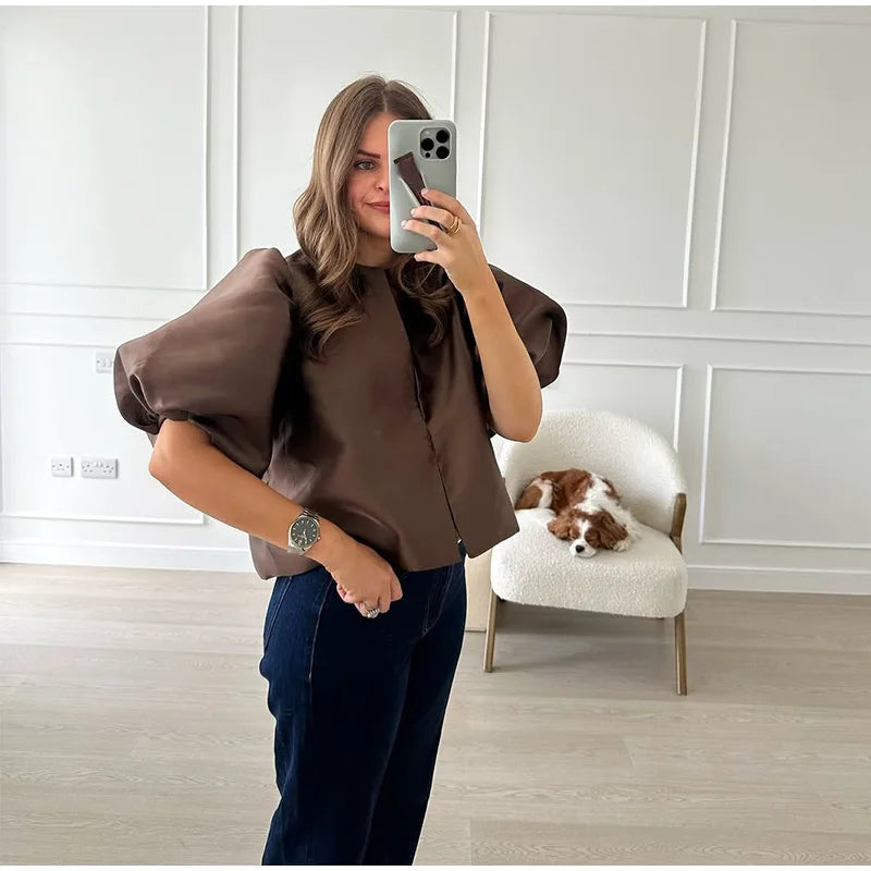 Spring Summer New Women's Fashion Casual Shirt Satin Bubble Sleeves Round Neck Loose Short Top Female Elegant Solid Blouses