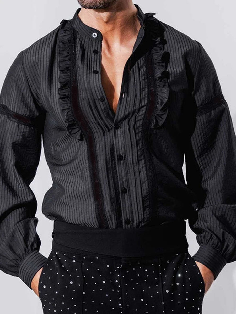 Vintage Style Men s Striped Lace Ruffle Button-Up Shirt with Long Sleeves - Classic Spring and Fall Fashion for Casual Wear