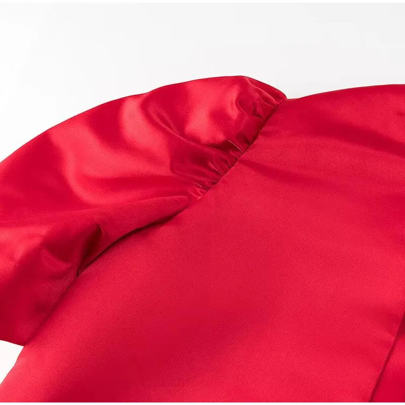 Spring Summer New Women's Fashion Casual Shirt Satin Bubble Sleeves Round Neck Loose Short Top Female Elegant Solid Blouses