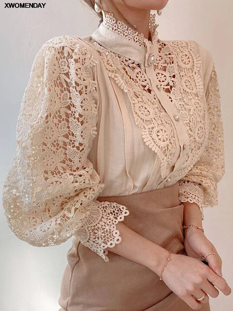 Women Chiffon Button Turtleneck Shirt Chic Elegant Floral Lace Fluffy Long Sleeve Top Fashion Hollow Oversize White Blouse 2025