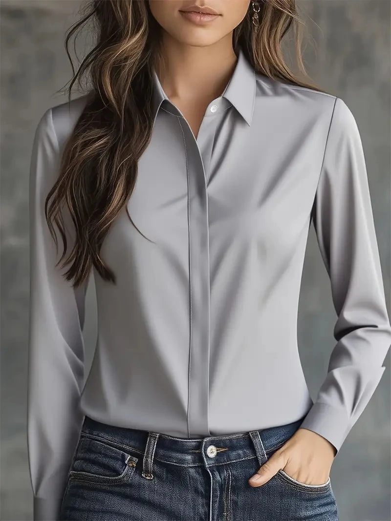 Autumn solid colour long-sleeved versatile shirt lapel satin shirt women