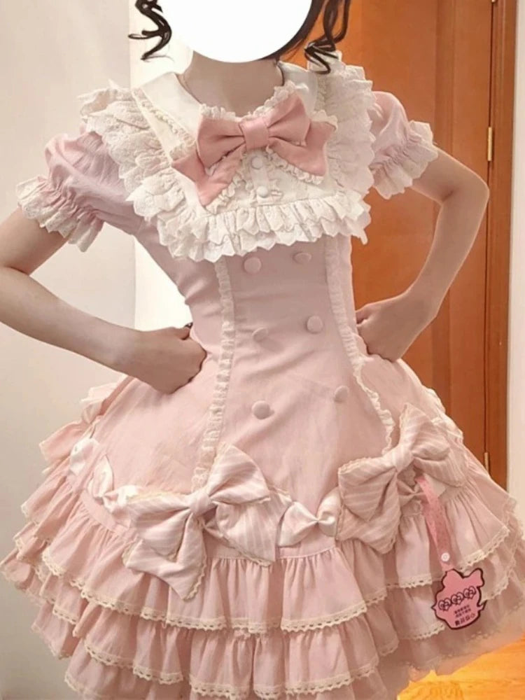 Japanese Sweet Lolita Kawaii Short Dress Women Pink Princess Y2k Bow Ruches Slim Dresses Female Korea Style Design Chic Outfits
