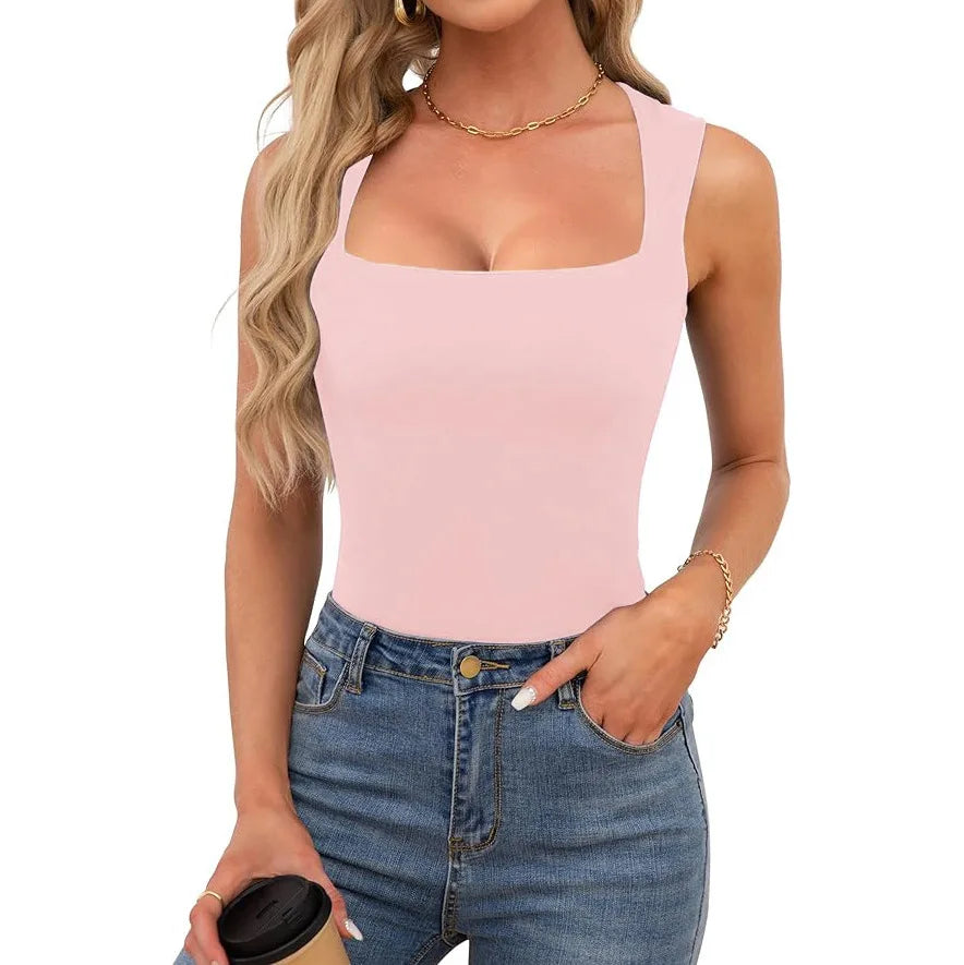 Sexy Slimming T-Shirts for Women Fashion Square Neck Sleeveless Tops Harajuku Tanks Woman Clothes Casual Top Tees Streetwear