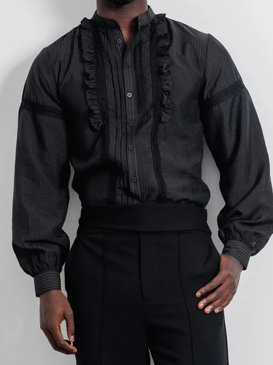Vintage Style Men s Striped Lace Ruffle Button-Up Shirt with Long Sleeves - Classic Spring and Fall Fashion for Casual Wear