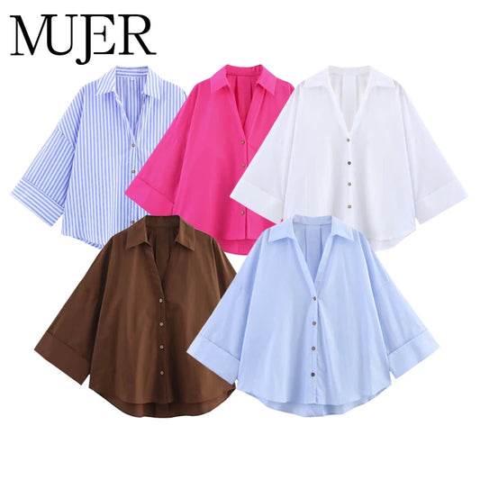 MUJER 2025 Oversized Shirt Women Striped Casual Shirts and Blouses Woman Wide Sleeve Tops Woman White Blue Summer Shirts Women