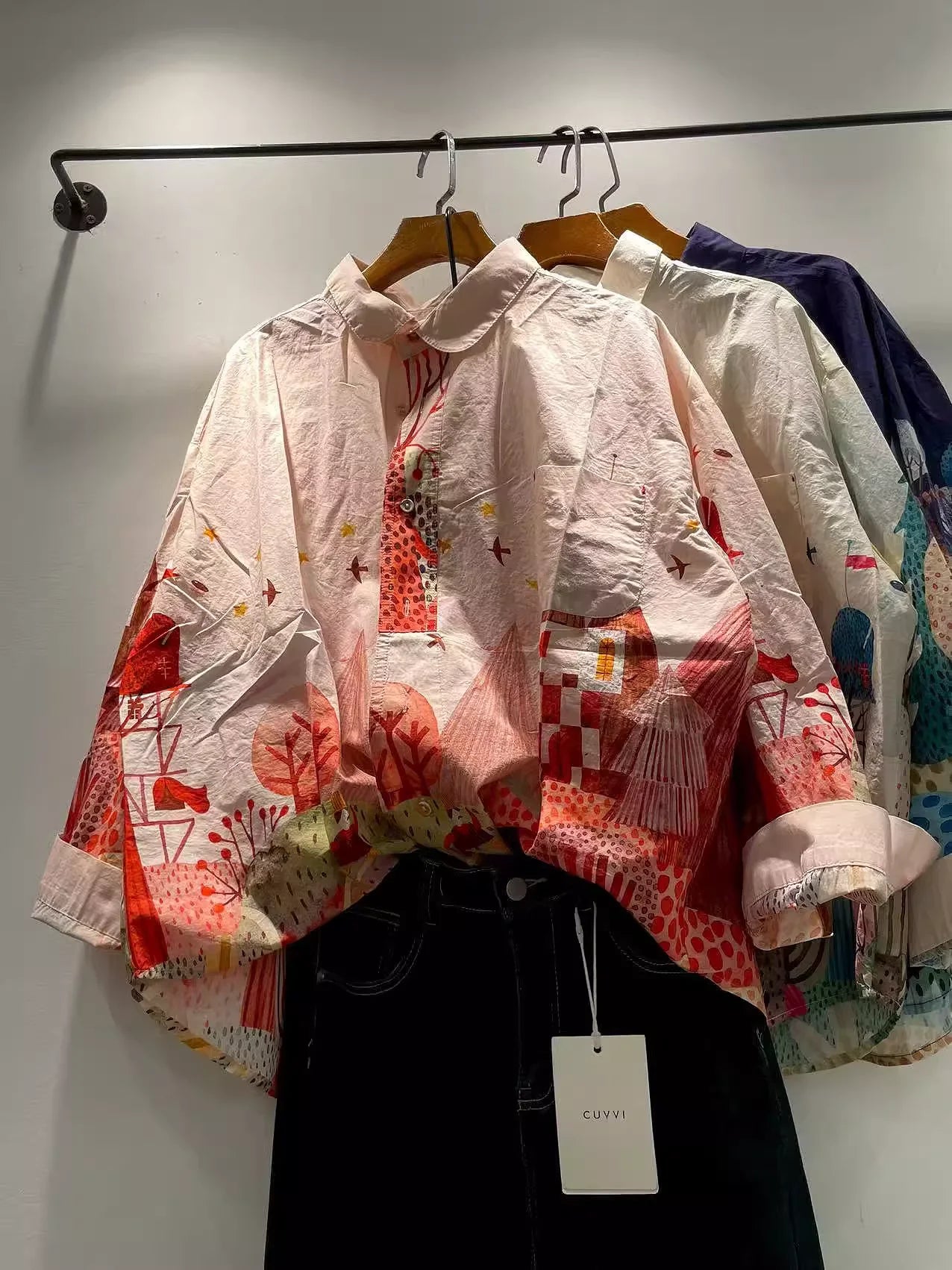 Bust 118cm original design pure cotton oversized shirts for women autumnJapan fashion cartoon print shirts long sleeve blouses