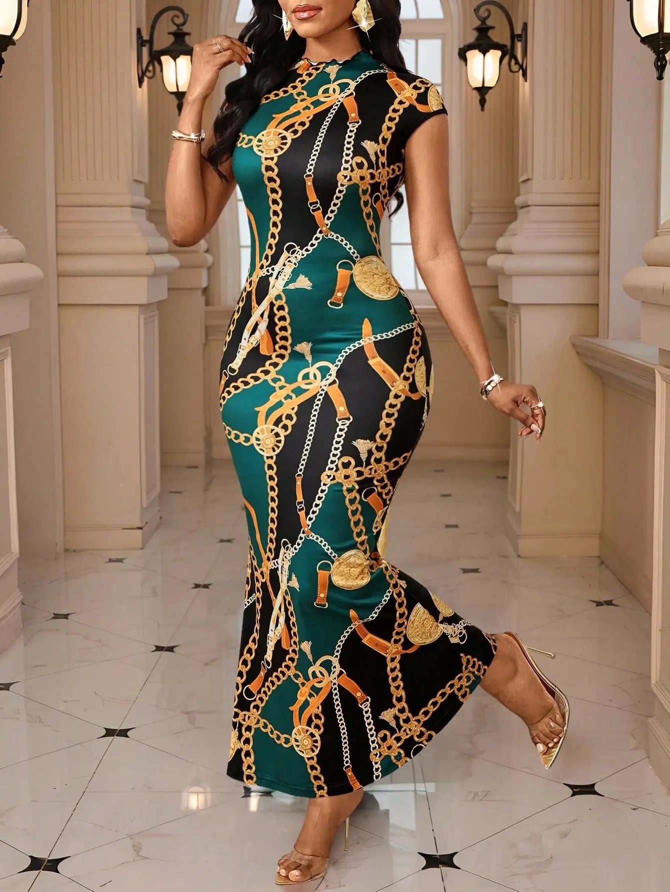 Elegant Chain Print Bodycon Fishtail Dress with Round Neck for Party & Evening Wear