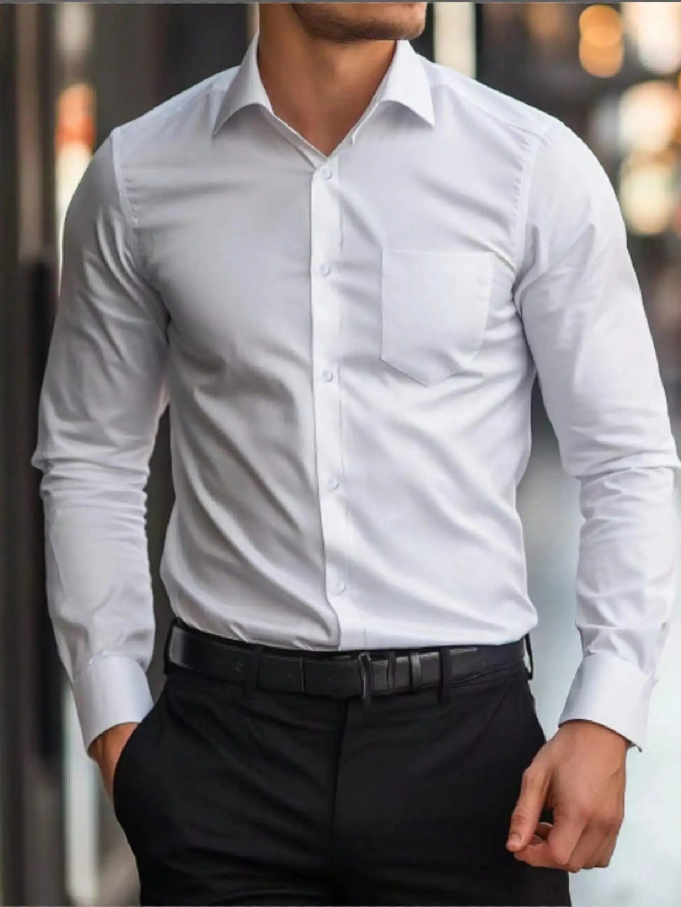 Men's Slim Fit Plain White Long Sleeve Button Up Shirt with Chest Pocket for Business or Casual Wear