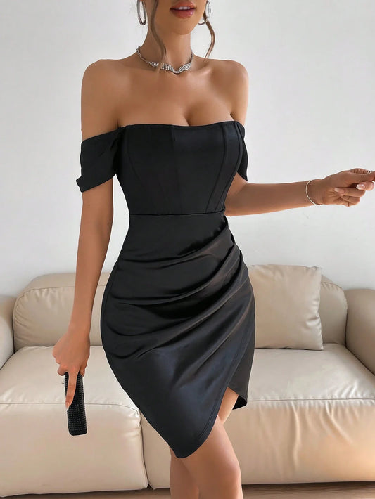 Elegant Black Off Shoulder Ruched Satin Mini Dress For Women Party Cocktail Dress