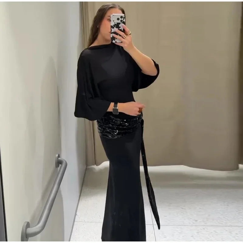 Women Backless Sequin Patchwork Maxi Dress Elegant Wide Sleeve Long Gowns Feminine New Fashion Evening Party Daily Robes