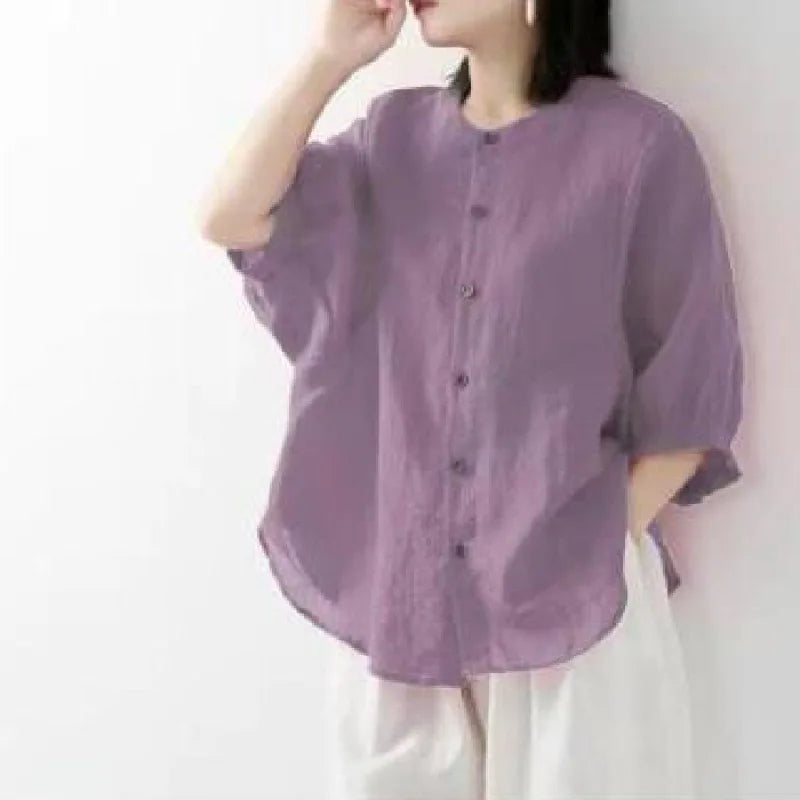 Cotton and linen shirt women's spring and summer thin solid color lantern sleeve stand collar top loose large size shirt