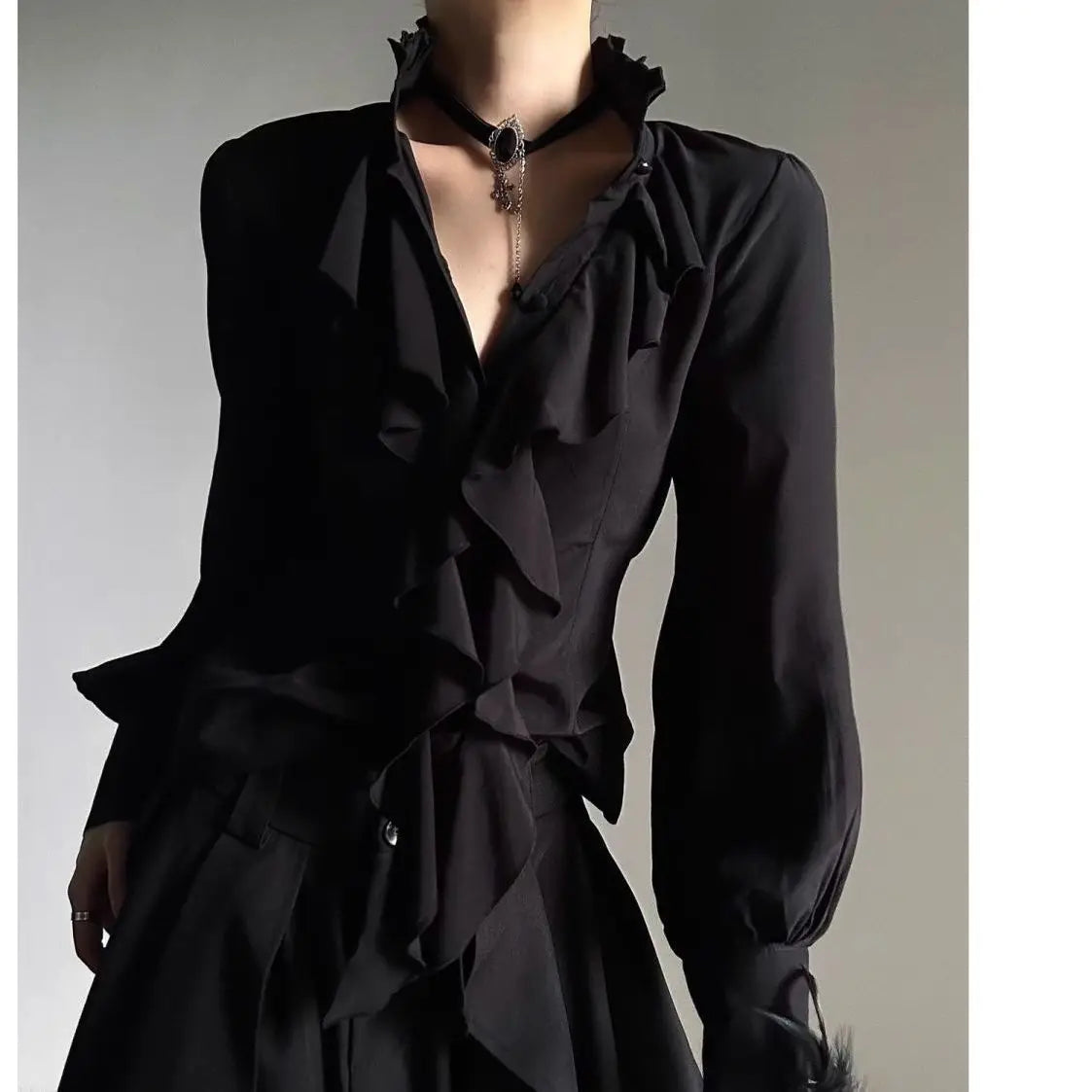Harajuku Vintage Black Bottoming Shirt Women Stand Collar Ruffles Slim Blouses Japanese Victorian Long Sleeve Blusas De Mujer