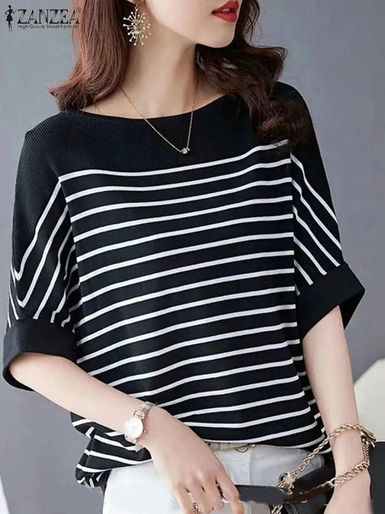 ZANZEA Elegant Striped Patchwork Blouse Women Half Sleeve Office Wear 2024 Summer T-shirt Fashion Loose Casual O-neck Tunic Tops