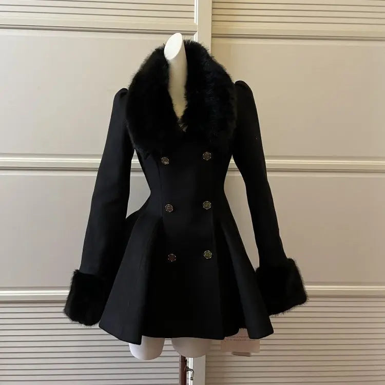 Winter Hepburn Black Fur Collar Woolen Coat French Style Vintage Blends Slim Mid-length Outwear Elegant Lolita Warm Outfits 2025