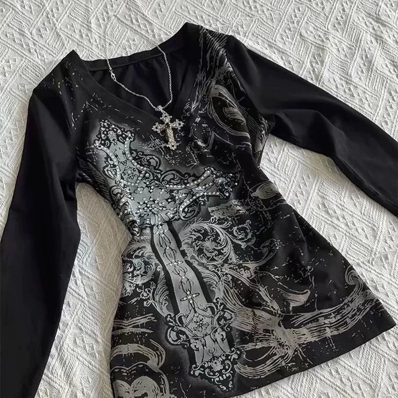 Women's Hip hop 90s Vintage Punk T-Shirt autumn Streetwear Sexy Short Sleeve Gothic Slim Crop Top Hotgirl Casual Femme Tee y2k