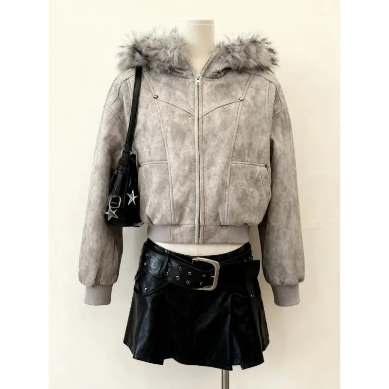 American Style Vintage Faux Fur Hooded Woman Autumn Winter  Casual Long Sleeve Coat Outwear Fashion Warm Jacket Outerwear Chic
