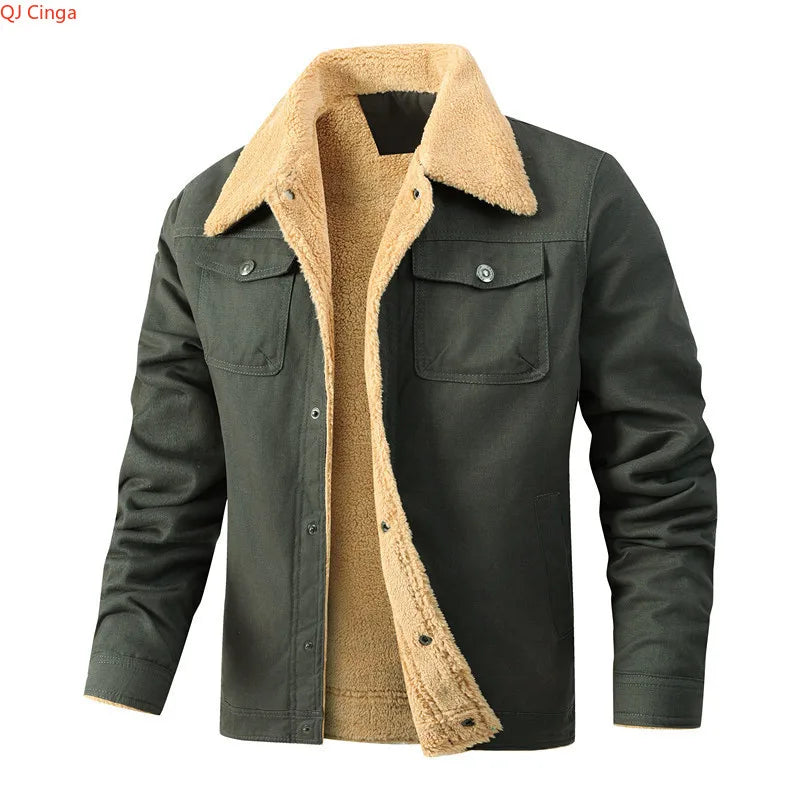 Winter Men's Blue Fleece-Lined Jacket, Stylish Casual Cotton Outerwear, Available in Army Green, Black, Khaki, and Dark Gray.