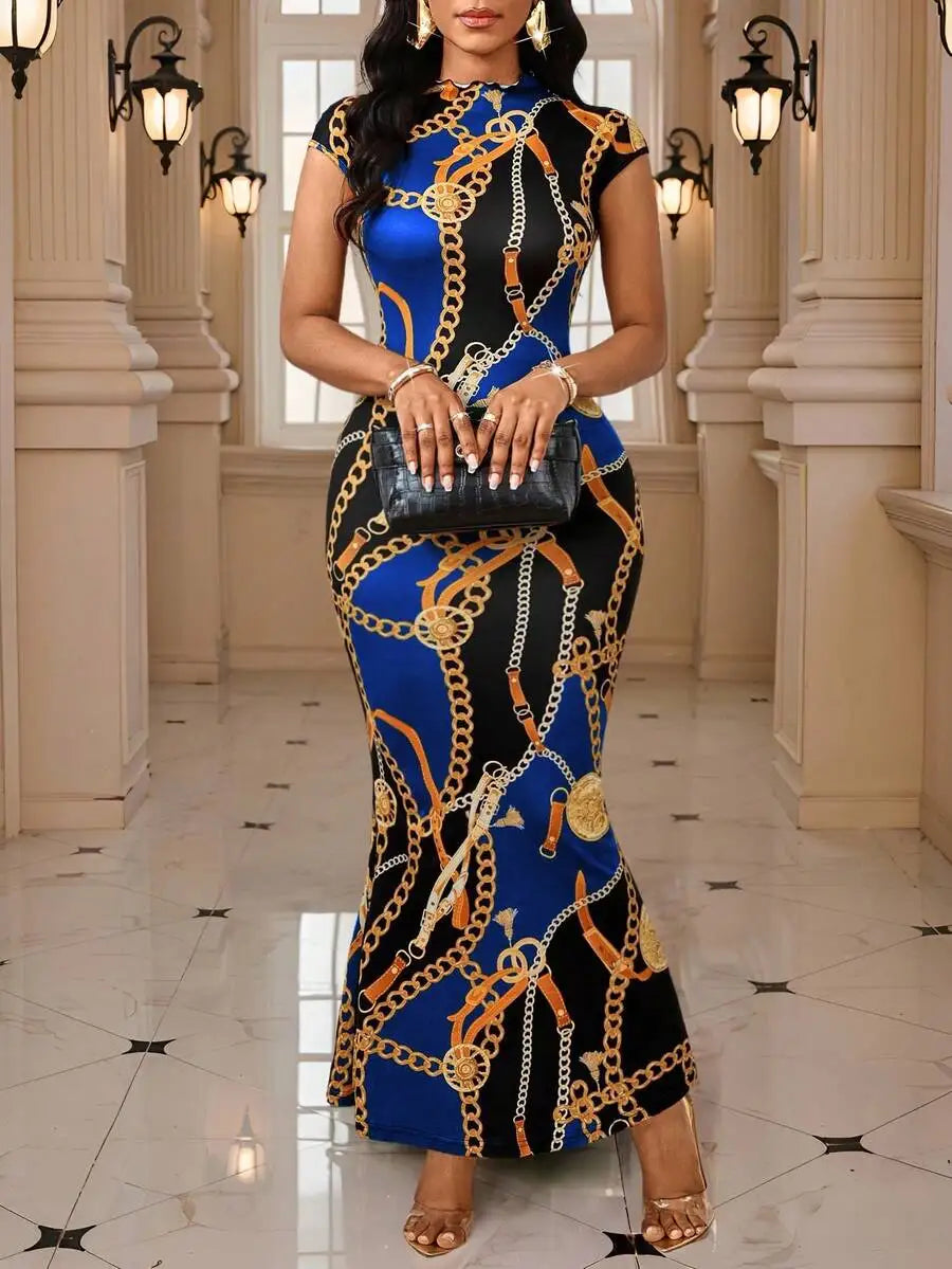 Elegant Chain Print Bodycon Fishtail Dress with Round Neck for Party & Evening Wear