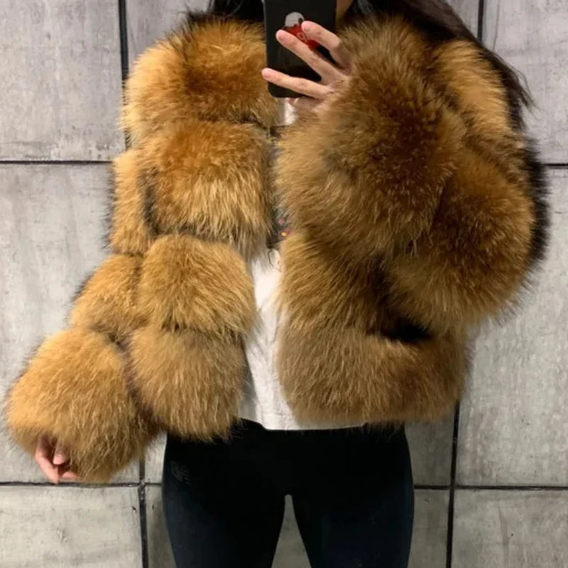 Punk Fake Raccoon Fur Jacket Women Autumn Winter Faux Fur Fox Coats Short Coat Jackets Furry Outerwear Work Thick Warm Coats