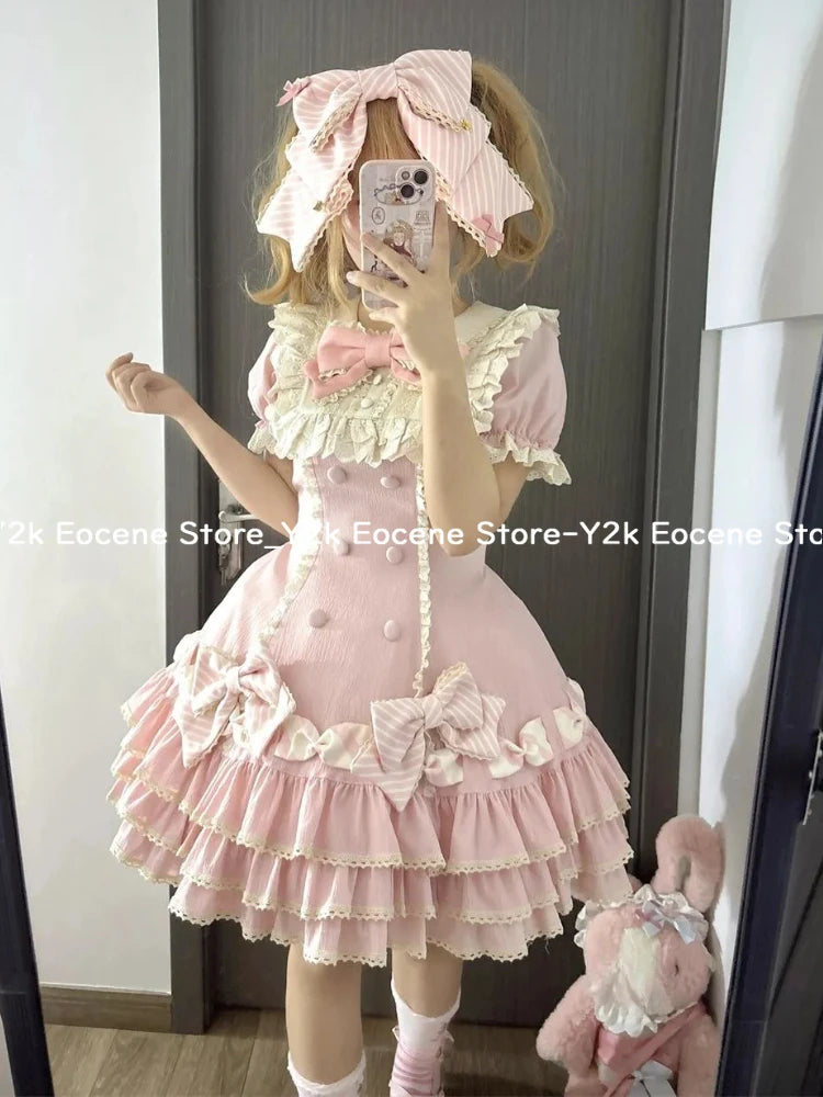 Japanese Sweet Lolita Kawaii Short Dress Women Pink Princess Y2k Bow Ruches Slim Dresses Female Korea Style Design Chic Outfits