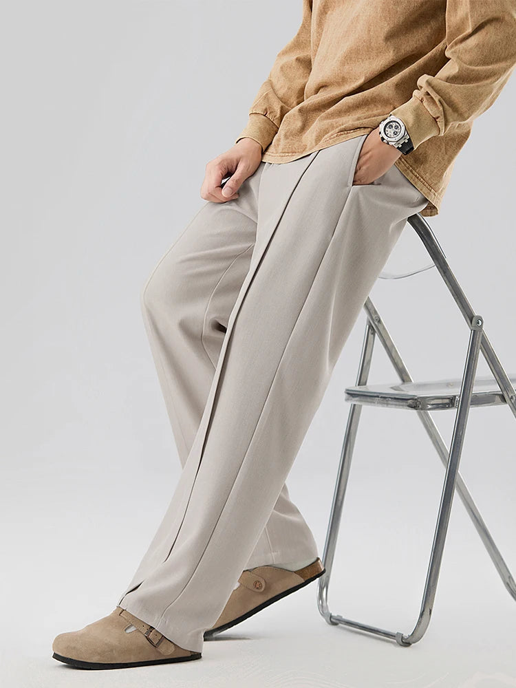 2026 New Korean Men's Casual Pants Banded Waist Stretch Semi-Wide Pleated Suit Slacks Straight Loose Draped Trousers