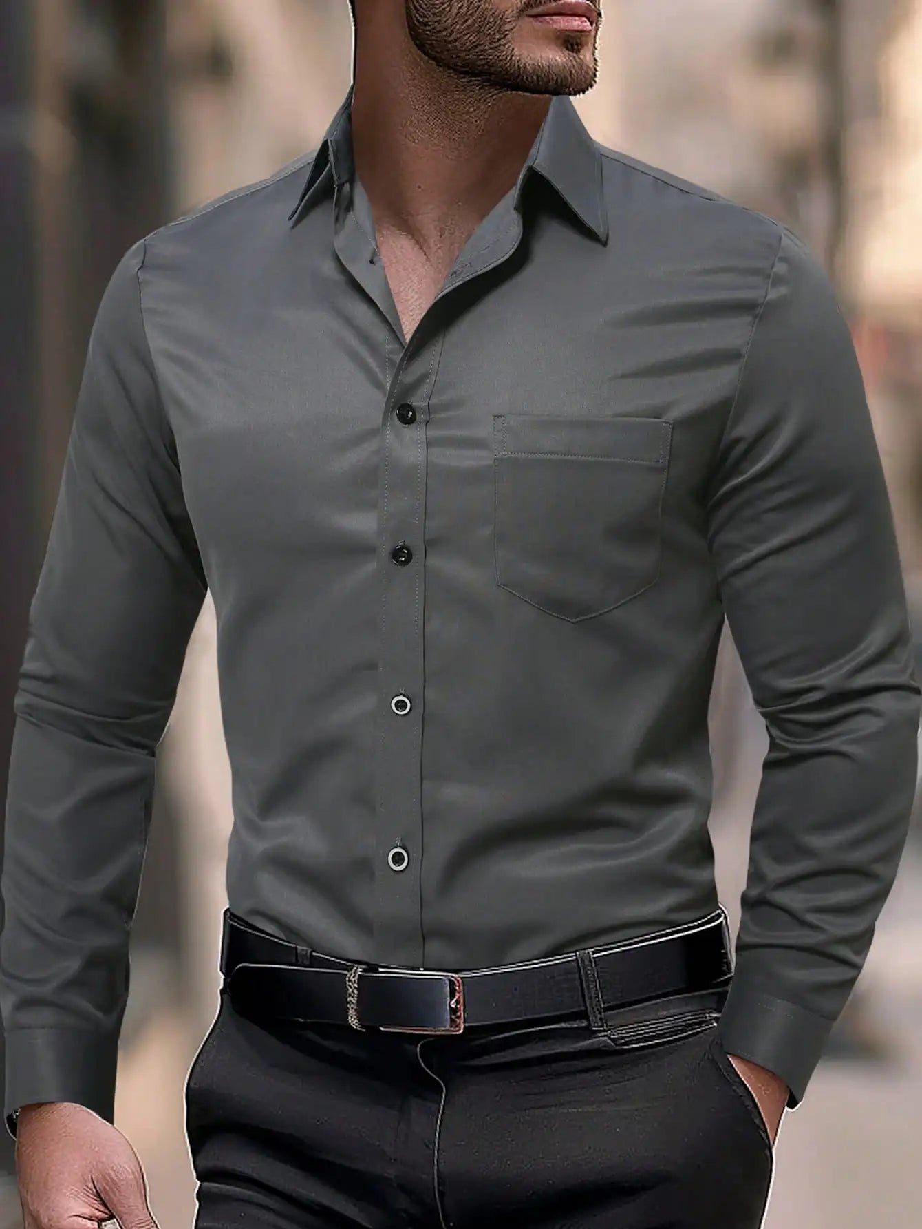 Men's Slim Fit Plain White Long Sleeve Button Up Shirt with Chest Pocket for Business or Casual Wear