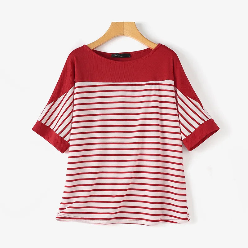 ZANZEA Elegant Striped Patchwork Blouse Women Half Sleeve Office Wear 2024 Summer T-shirt Fashion Loose Casual O-neck Tunic Tops